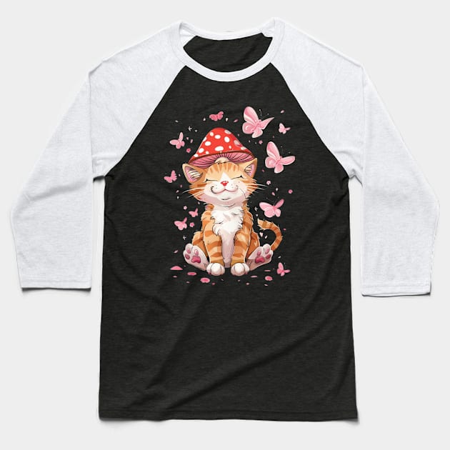 Cat Mushroom Wonders Unveiled Baseball T-Shirt by BilodeauBlue